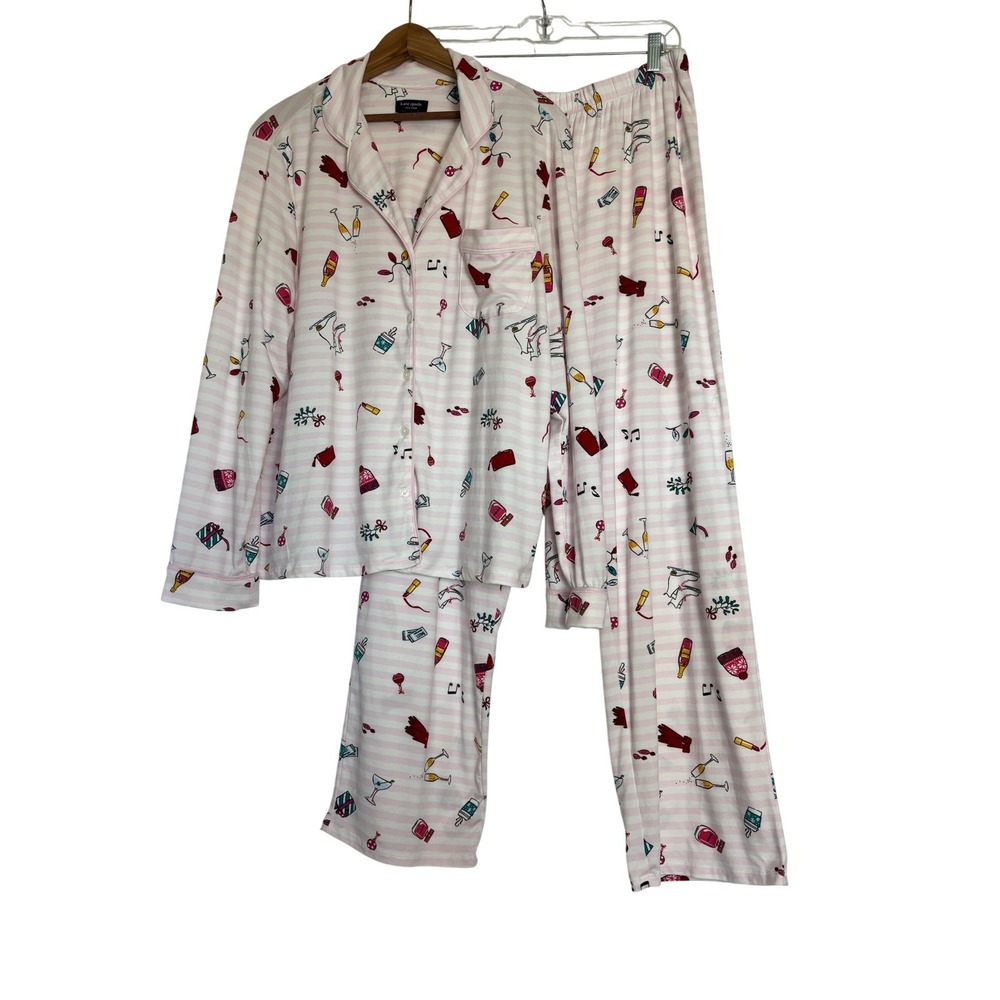 Kate Spade Pajama Set XL Pink Stripe Lipstick Champagne Ice Skates 2 Piece PJ